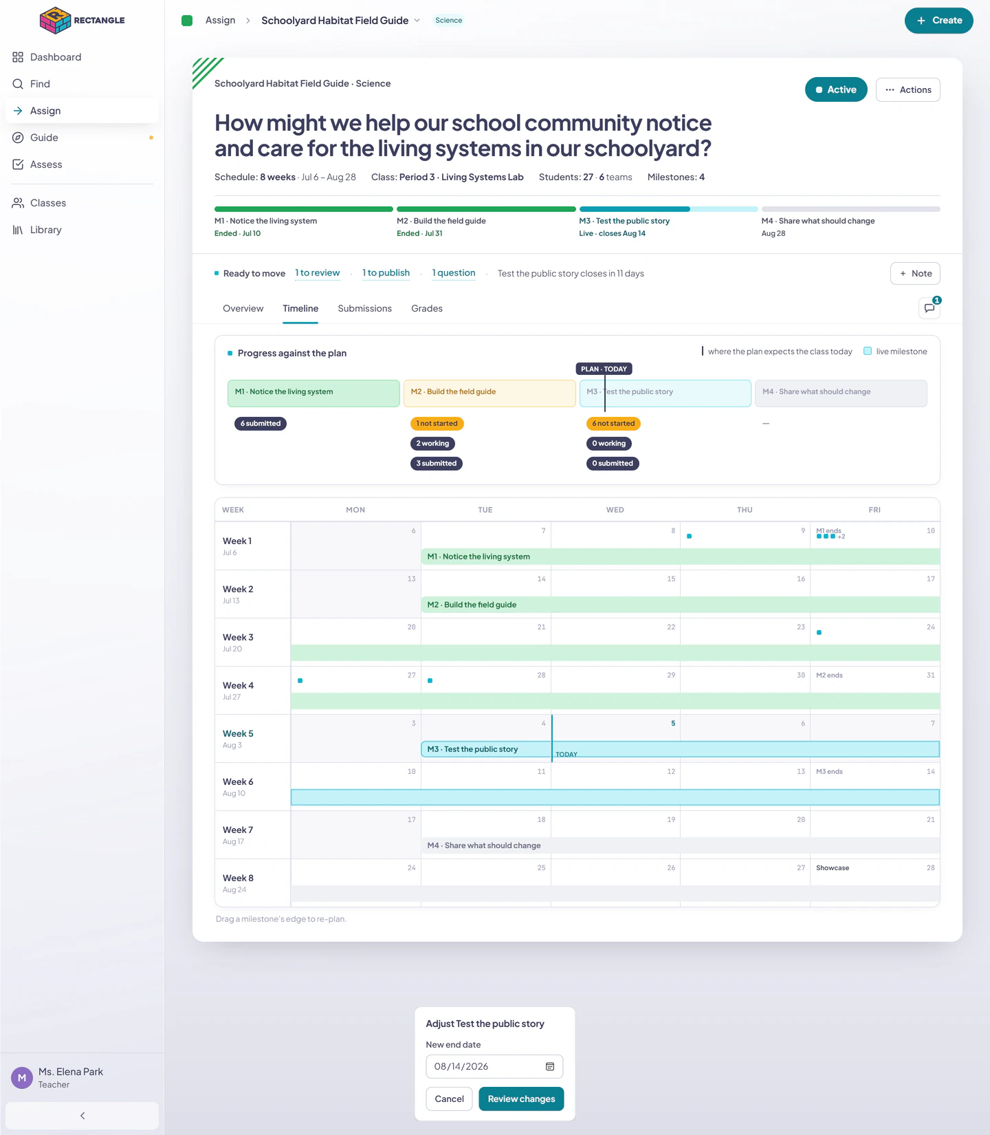 The keyboard-accessible Adjust dates editor for Test the public story, opened from its Timeline milestone peek.