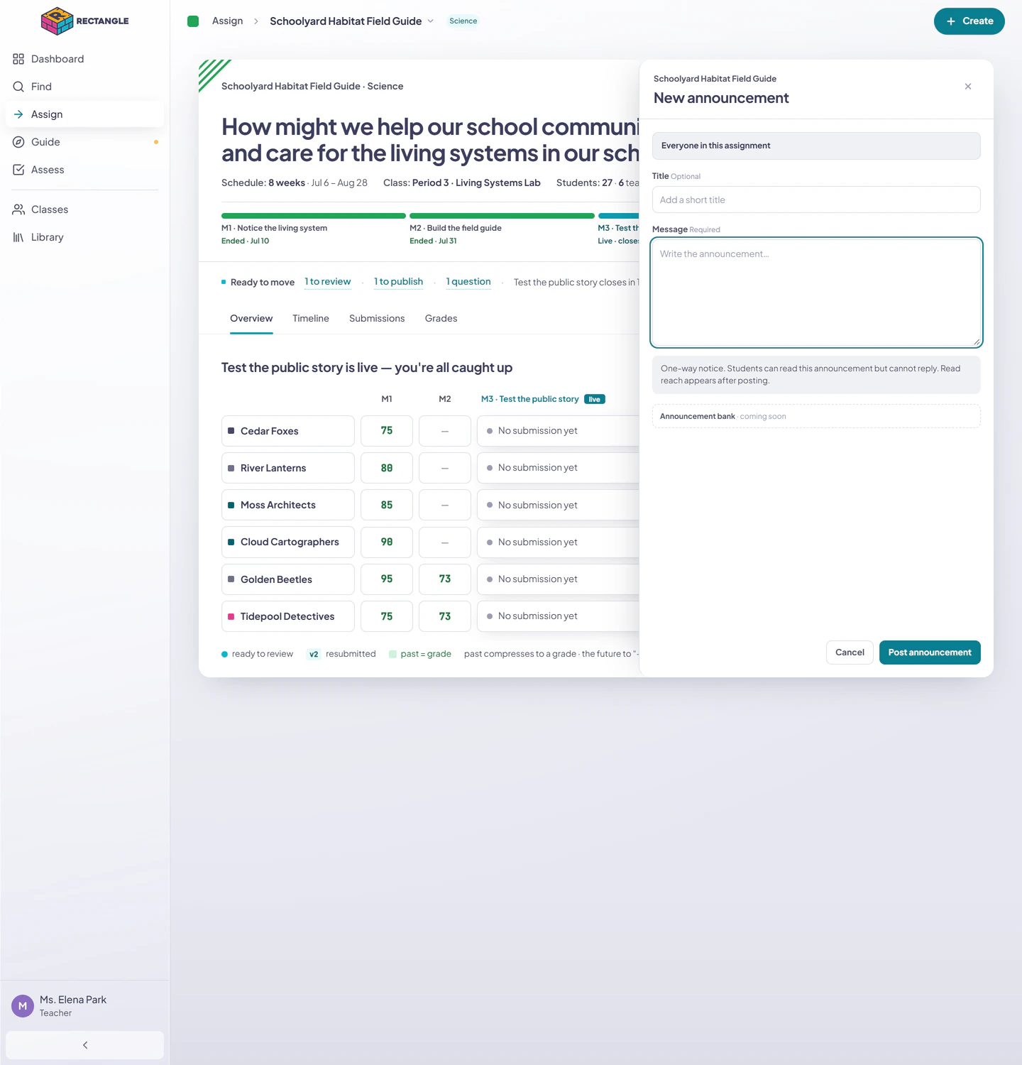 The New announcement composer for Schoolyard Habitat Field Guide with class-wide audience, optional title, required message, one-way notice, and Post announcement action.