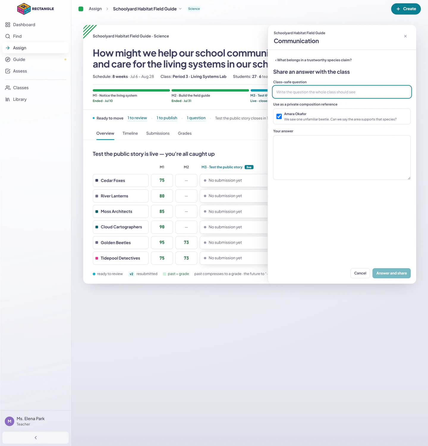 The class-safe answer composer derived from a private student question, with a private reference, public question field, and teacher answer field.