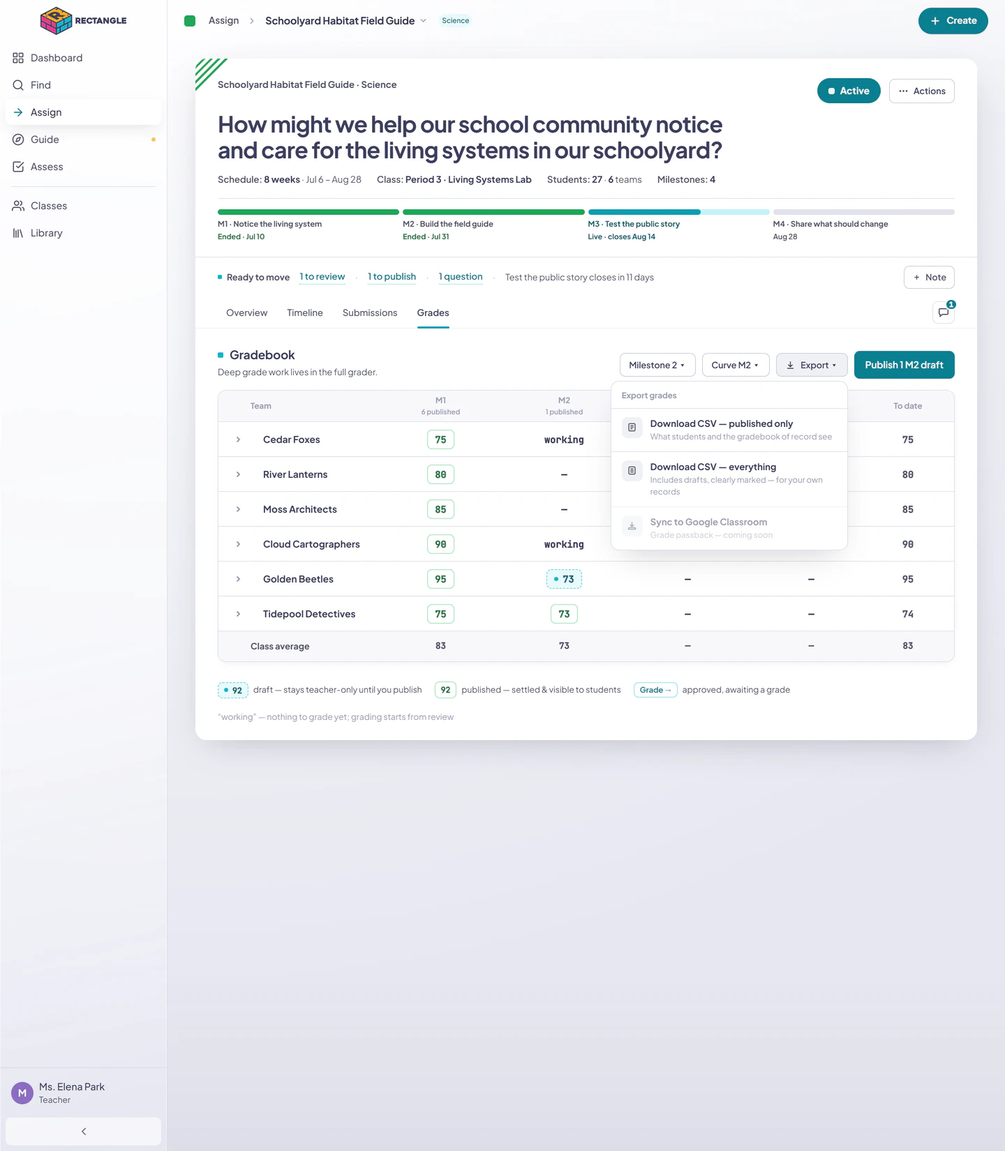 The assignment grade Export menu with published-only and all-grade CSV choices and disabled Google Classroom passback.