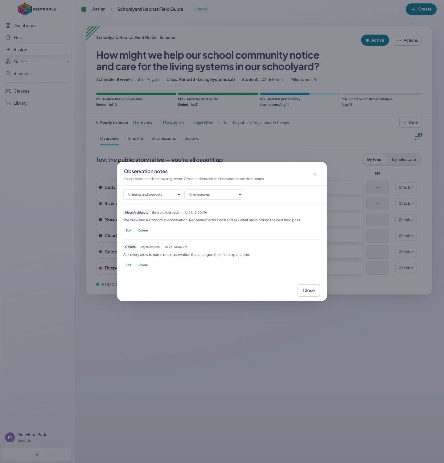 The Observation notes manager with populated teacher notes, their scope and timing, and edit and delete actions.