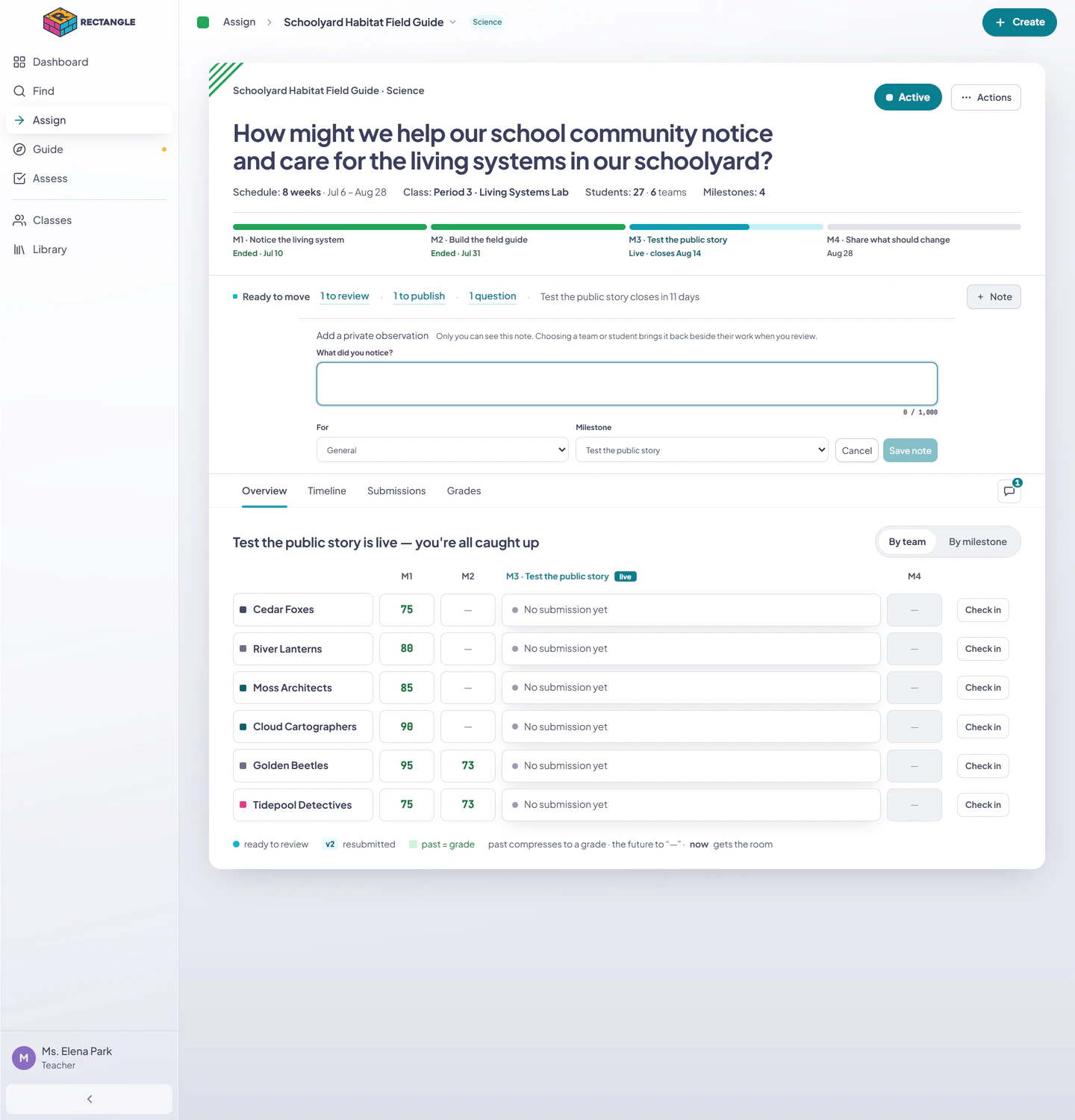 The private observation composer over an Active assignment with note text, team or student target, and milestone scope controls.