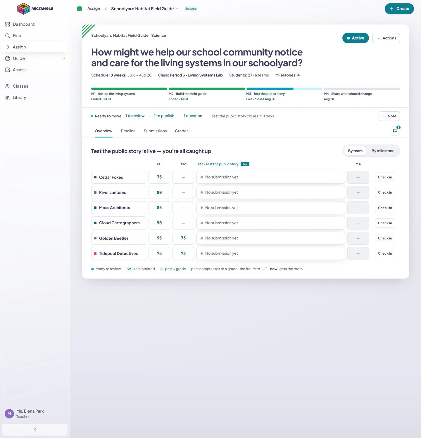 The Active assignment Overview with milestone strip, triage counts, team board, work states, Peek cells, and Check in actions.