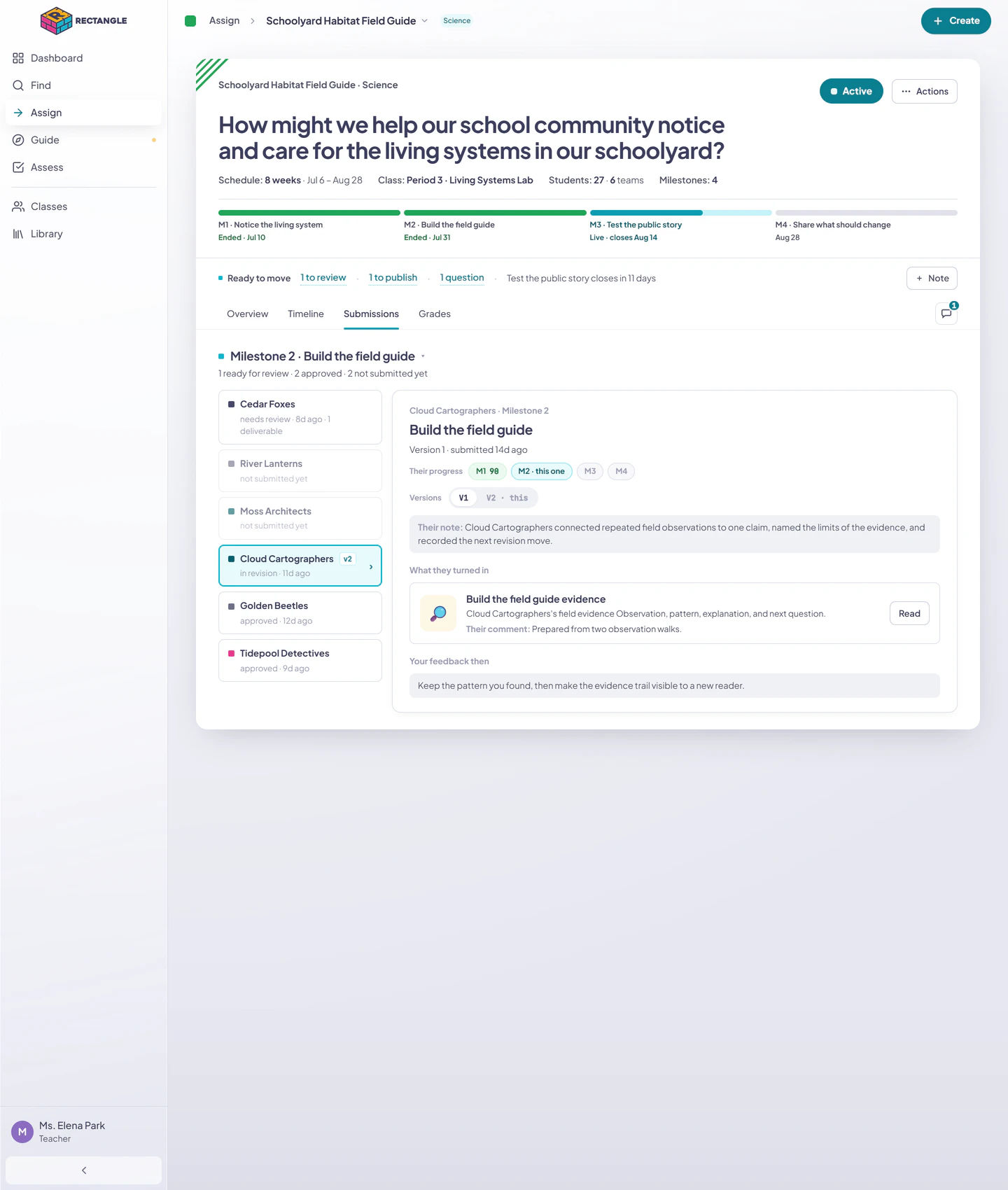 Cloud Cartographers' earlier Milestone 2 version selected beside the current V2 in Assign Submissions.