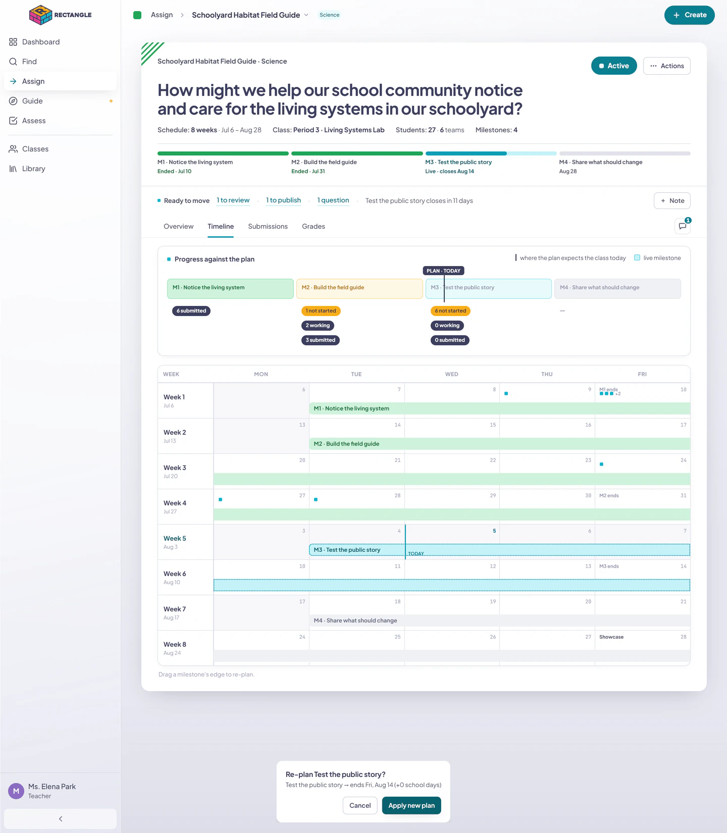The Active Timeline re-plan preview showing the proposed milestone change and its downstream schedule before Apply new plan.