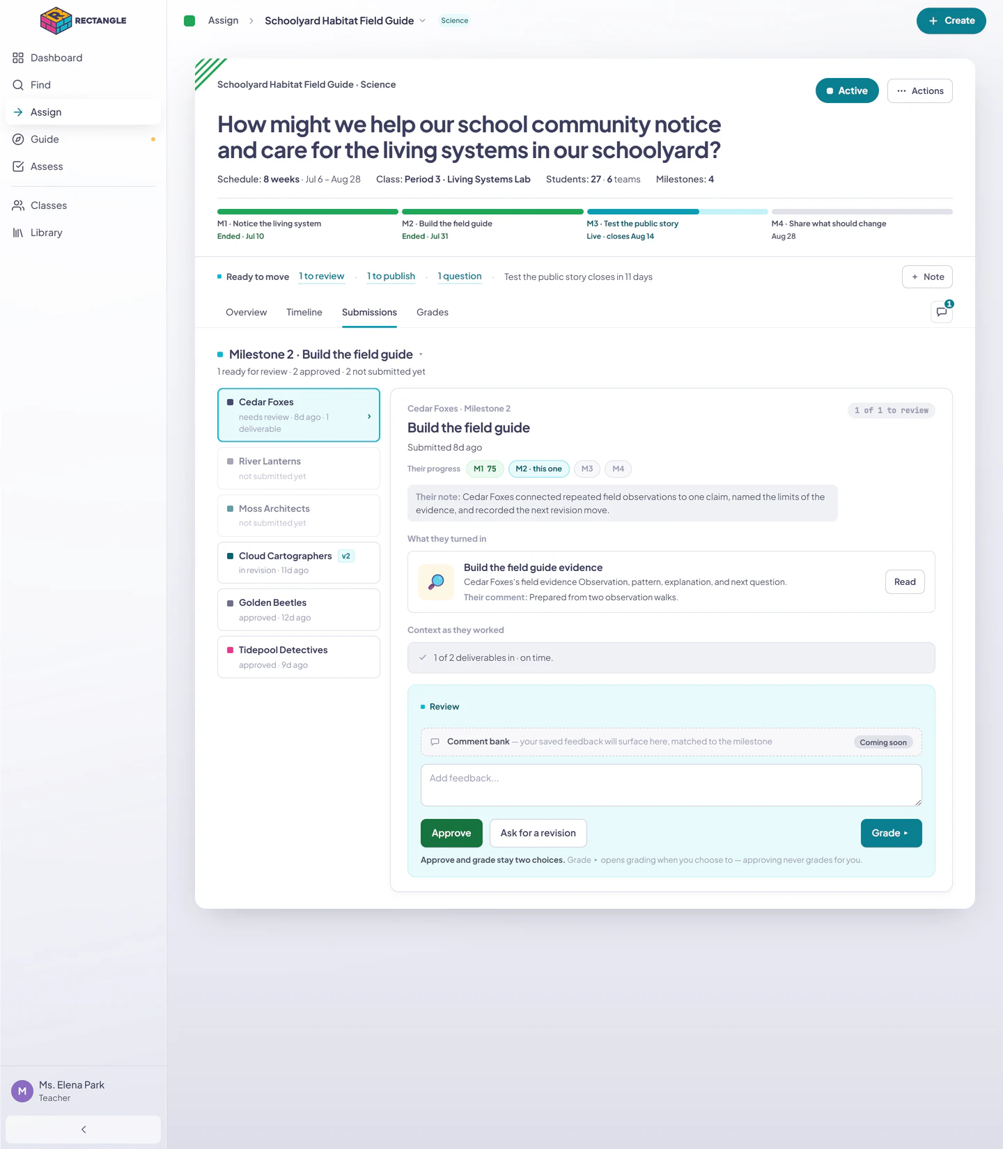 The Active Submissions tab focused on Milestone 2 with teams in needs-review, revision, approved, and not-submitted states.