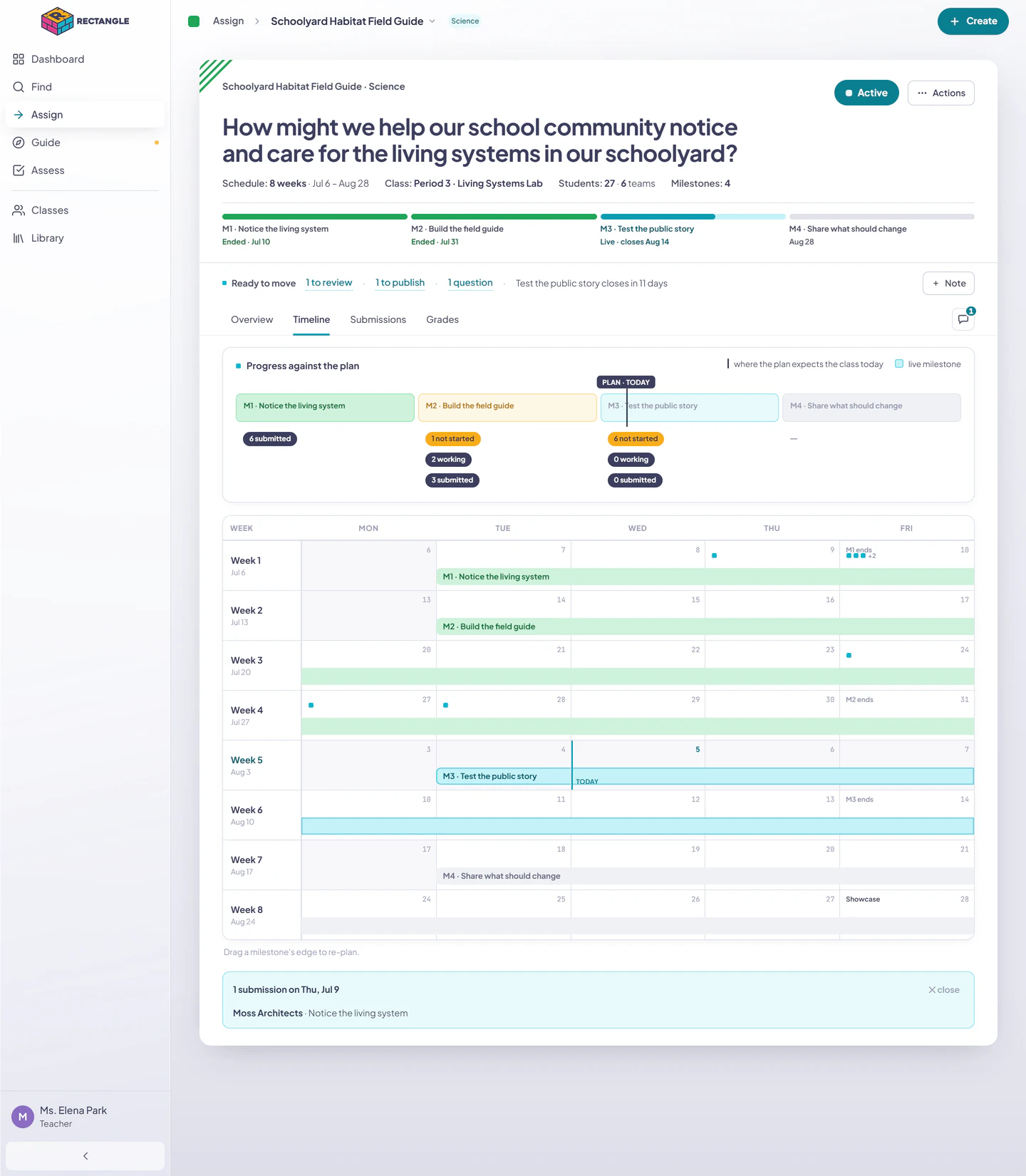 A Timeline calendar day opened to show the team and milestone behind its submission waypoint.