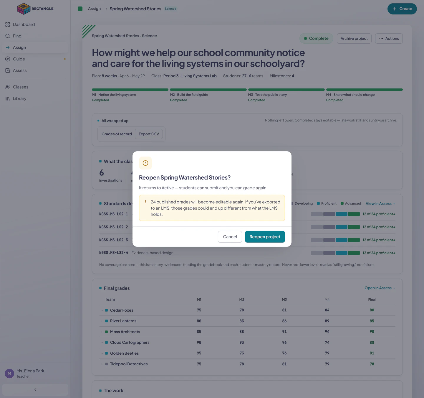 The Reopen confirmation warning that the completed project returns to Active and published grades become editable again.