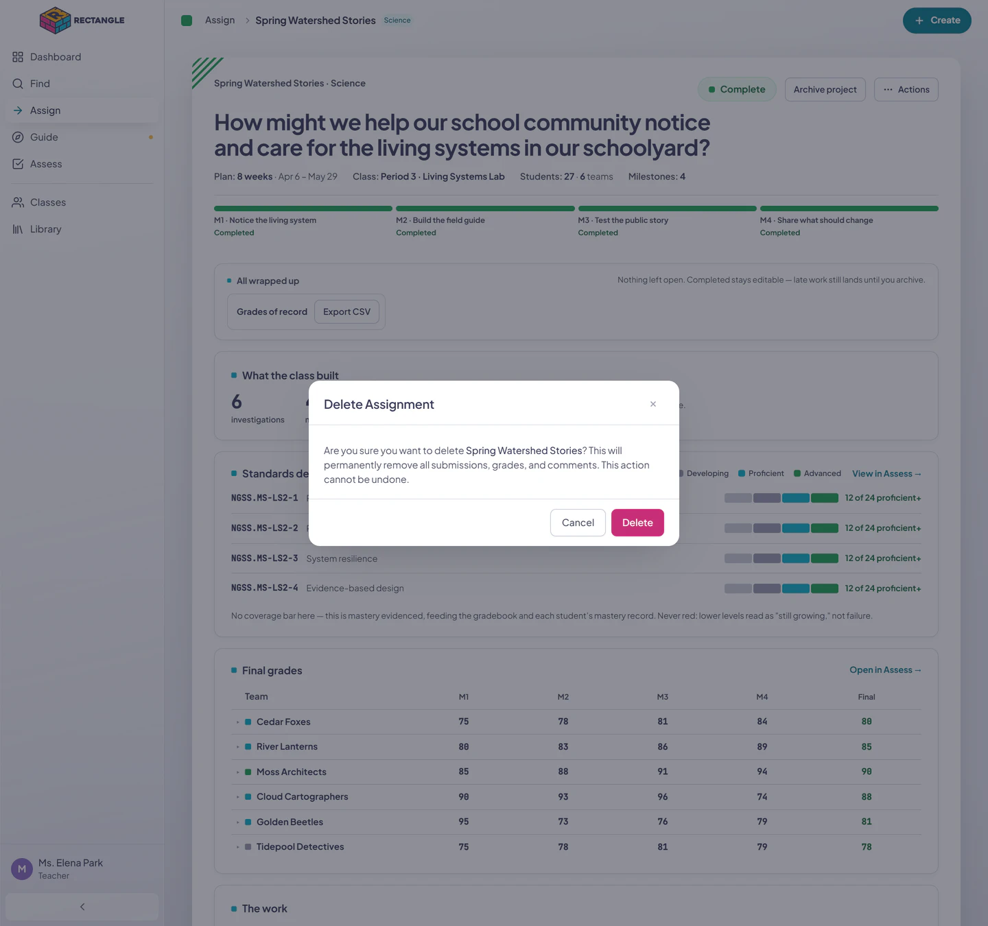 The irreversible Delete Assignment confirmation naming the project and the submissions, grades, and comments that will be permanently removed.