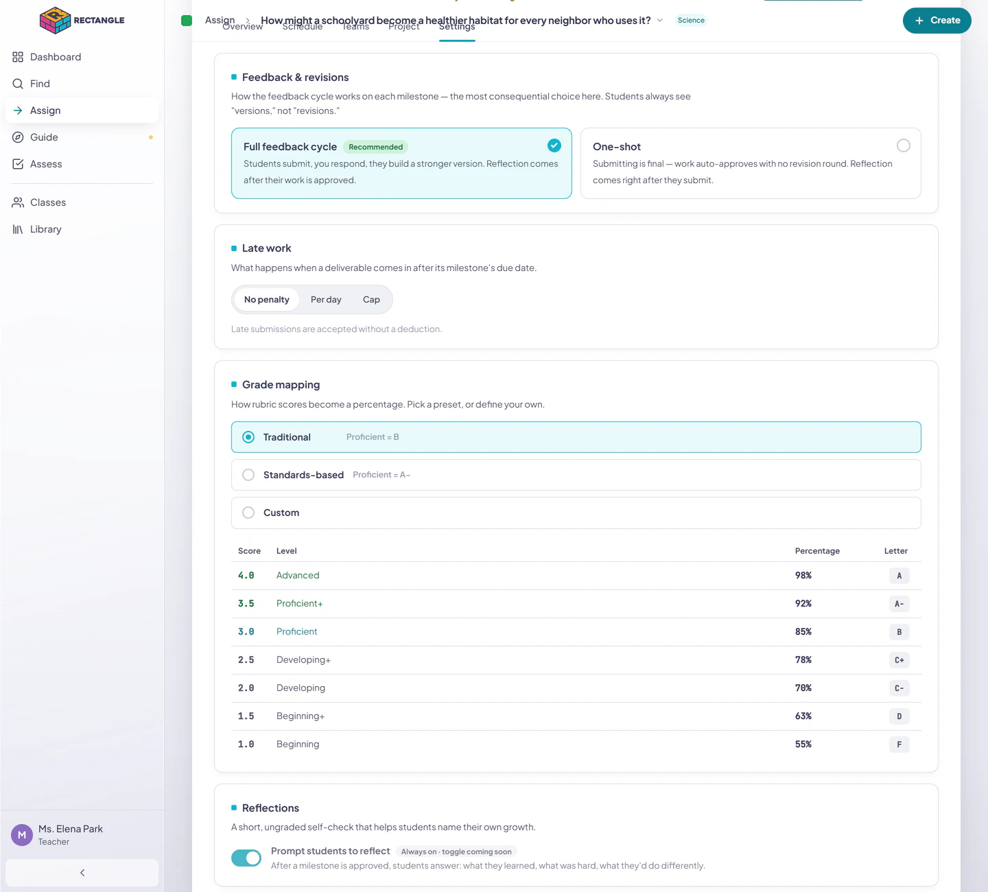 The Grade mapping section with Traditional, Standards-based, and Custom choices plus the score-to-percentage table.