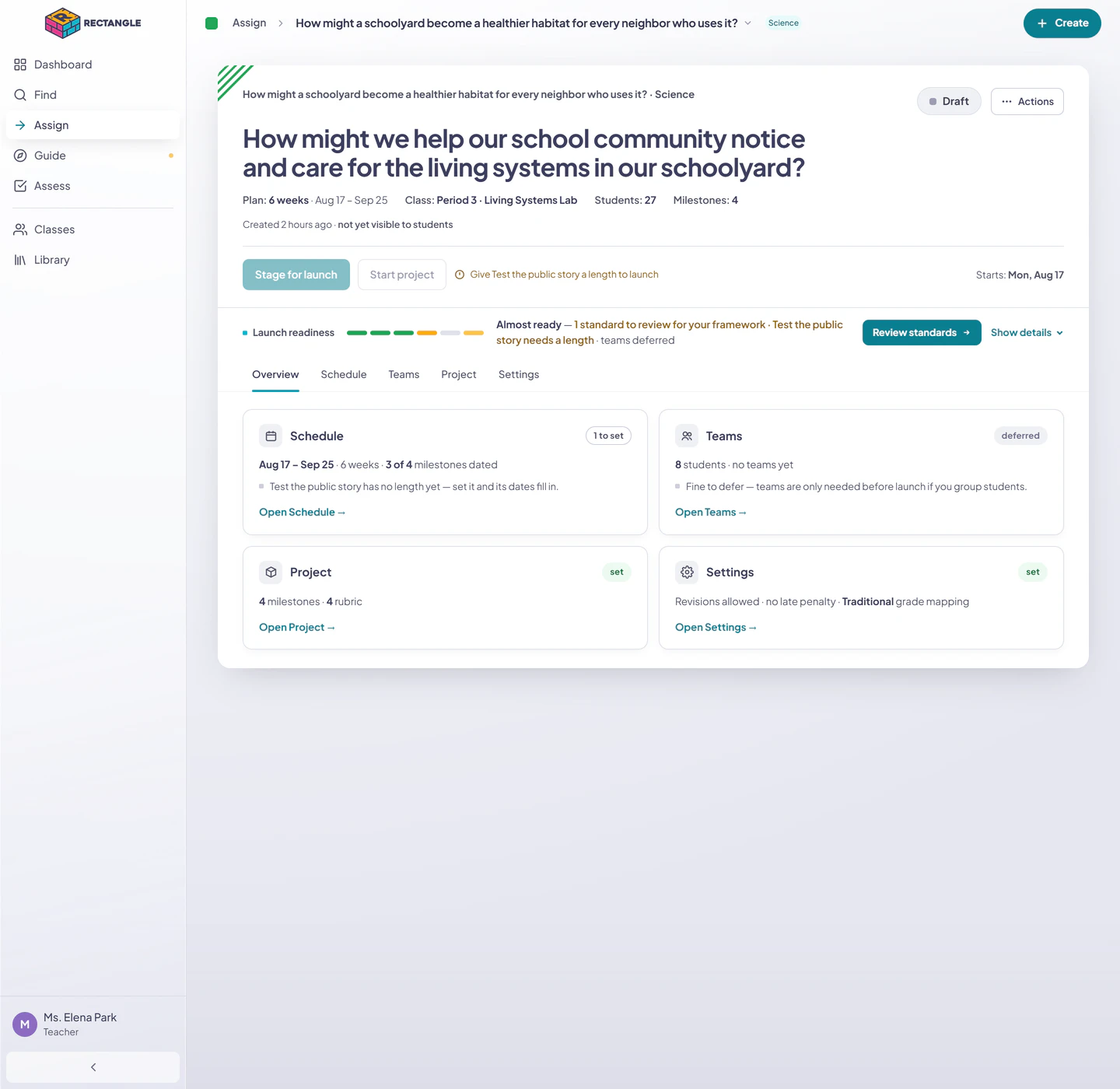 A Draft assignment overview in the full Rectangle shell with identity, student-visibility status, launch readiness, and four setup doors.