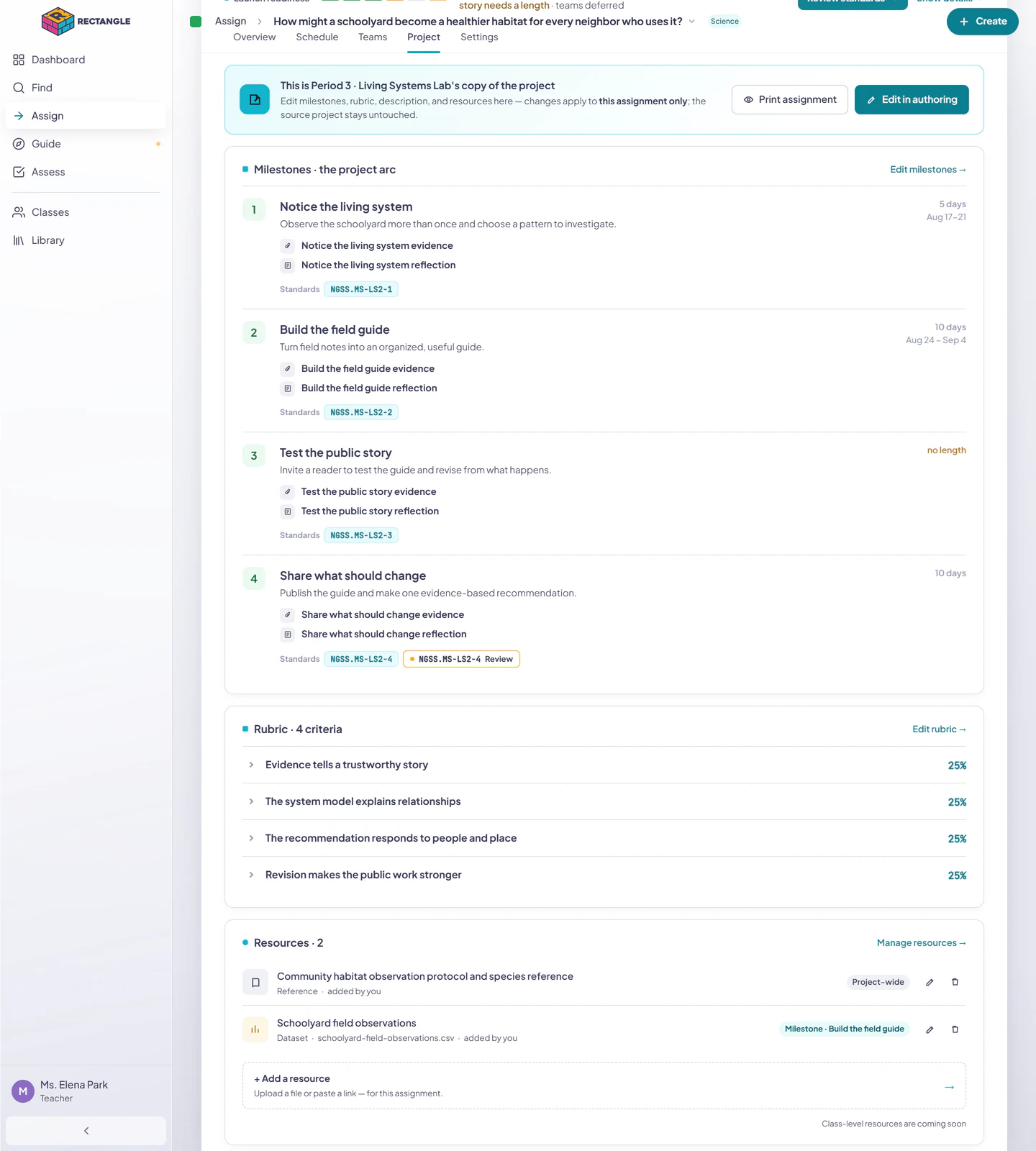 The Resources chapter of an assignment Project tab with one project-wide reference and one milestone-scoped dataset.
