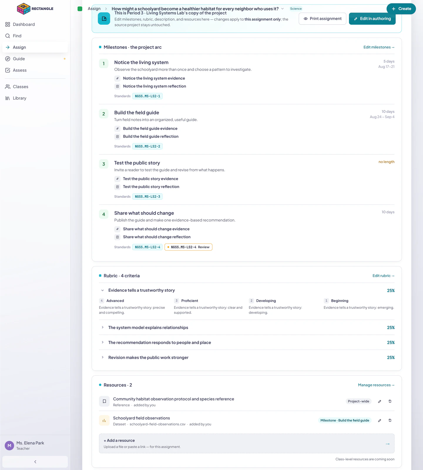 One rubric criterion expanded in the assignment Project tab to show its four performance levels and Edit rubric door.