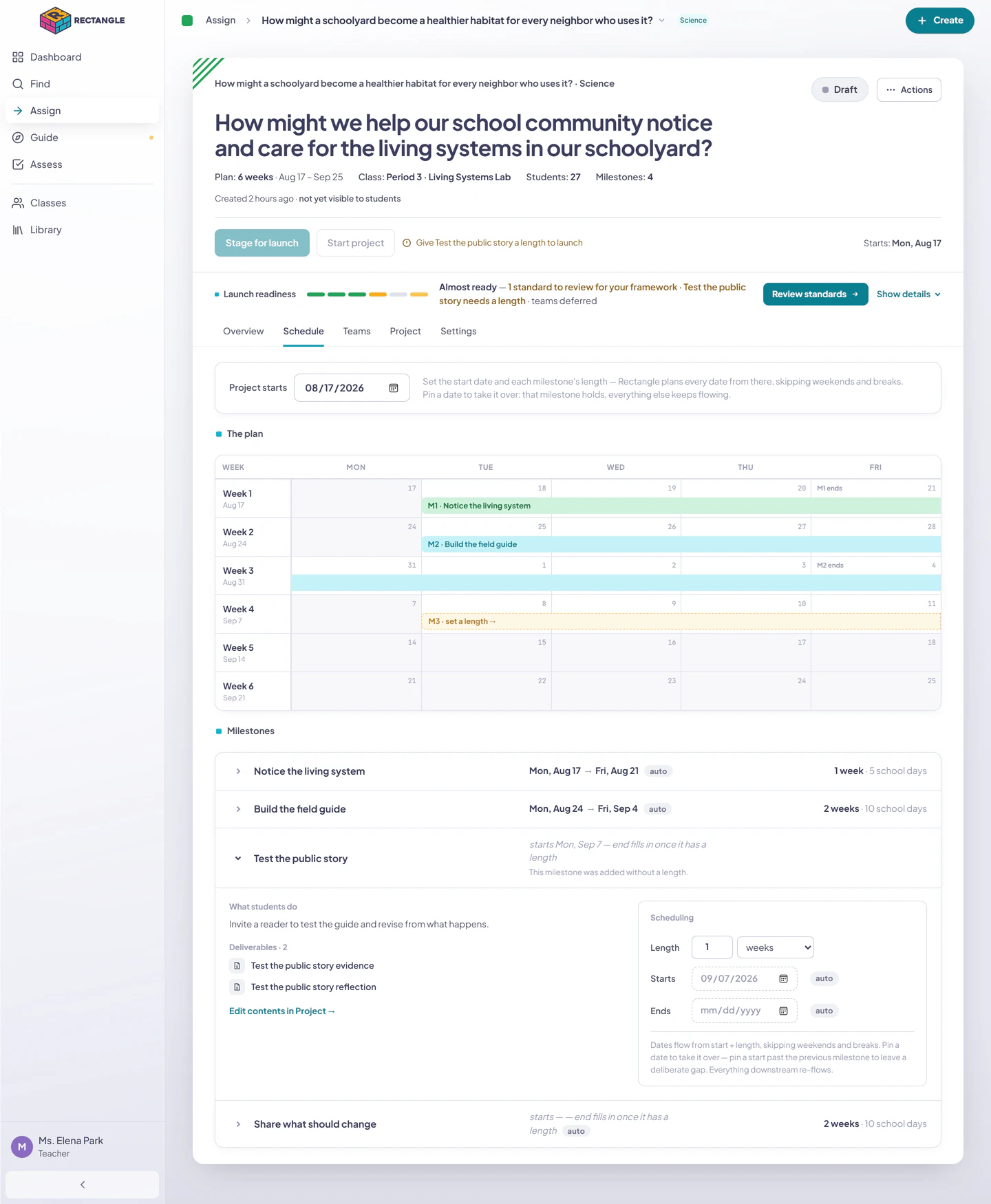 The Test the public story milestone expanded within Draft Schedule, with its description, length controls, and Edit contents in Project door.