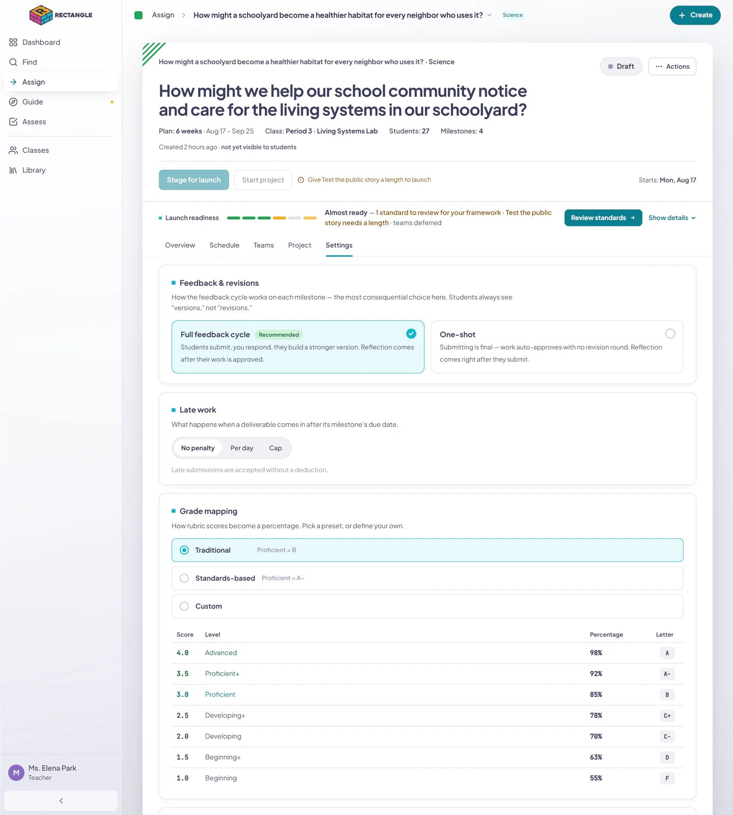 The complete Draft Settings tab with revision-cycle, late-work, grade-mapping, and reflections sections.