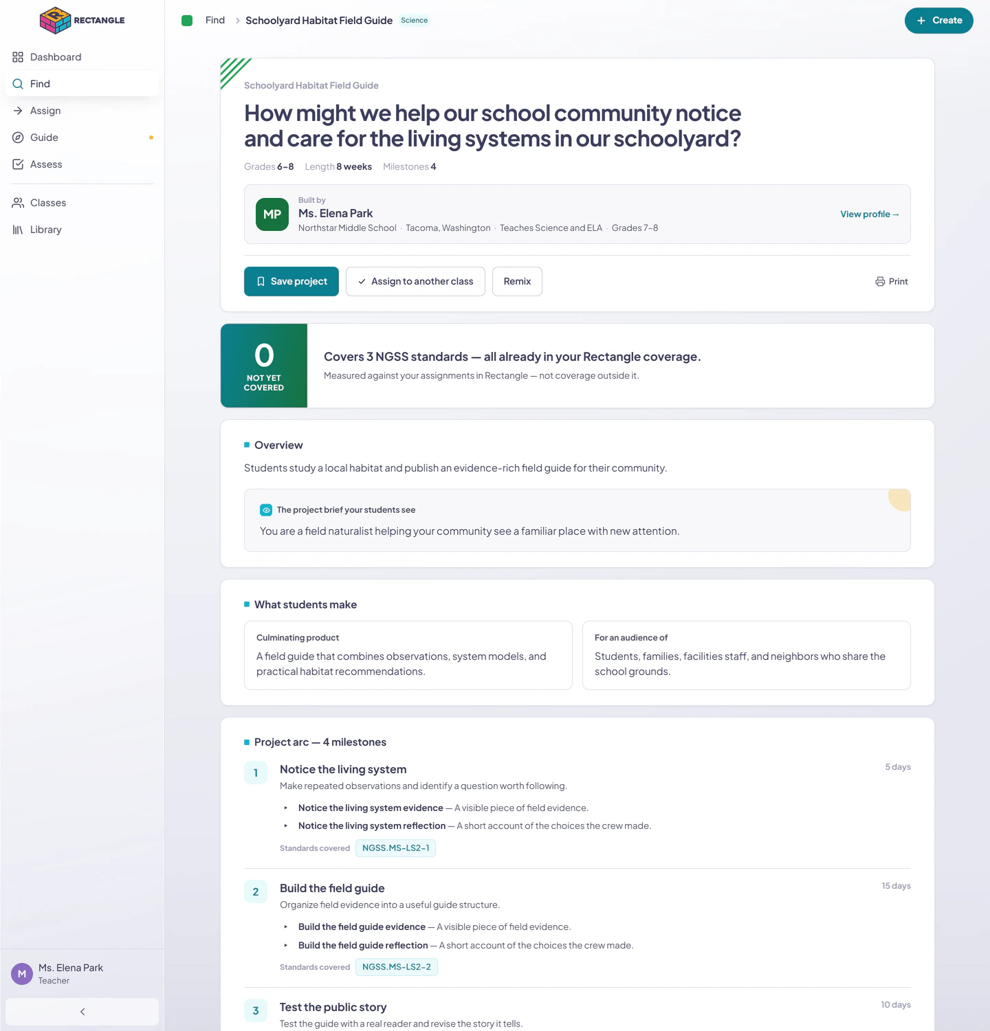 A project detail page from Find with the project identity, four-milestone arc, standards, rubric, and Assign to another class action visible together.