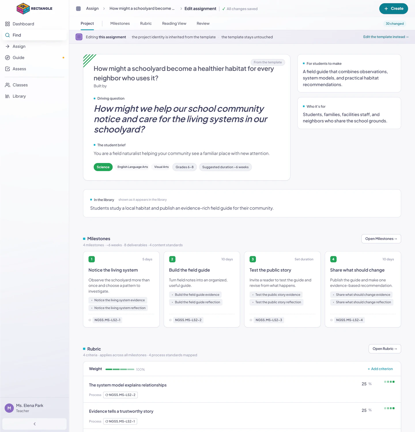 The authoring workspace opened for an assignment-owned project copy, with the assignment-editing notice and project-building sections visible.