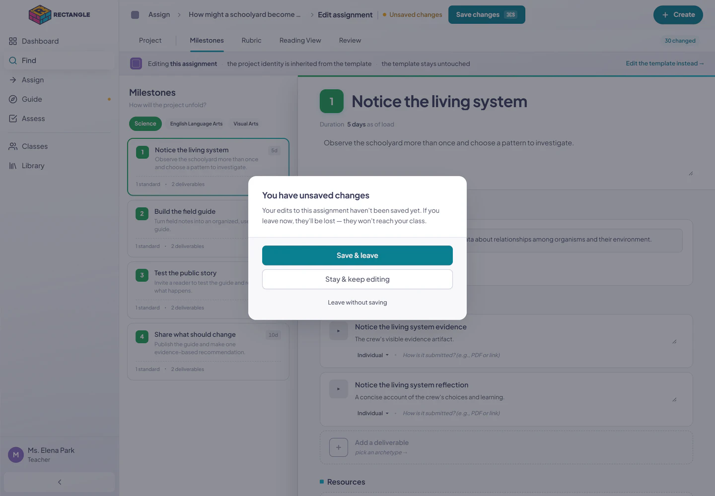 Unsaved assignment edit with a leave-warning dialog offering save, stay, or discard choices.