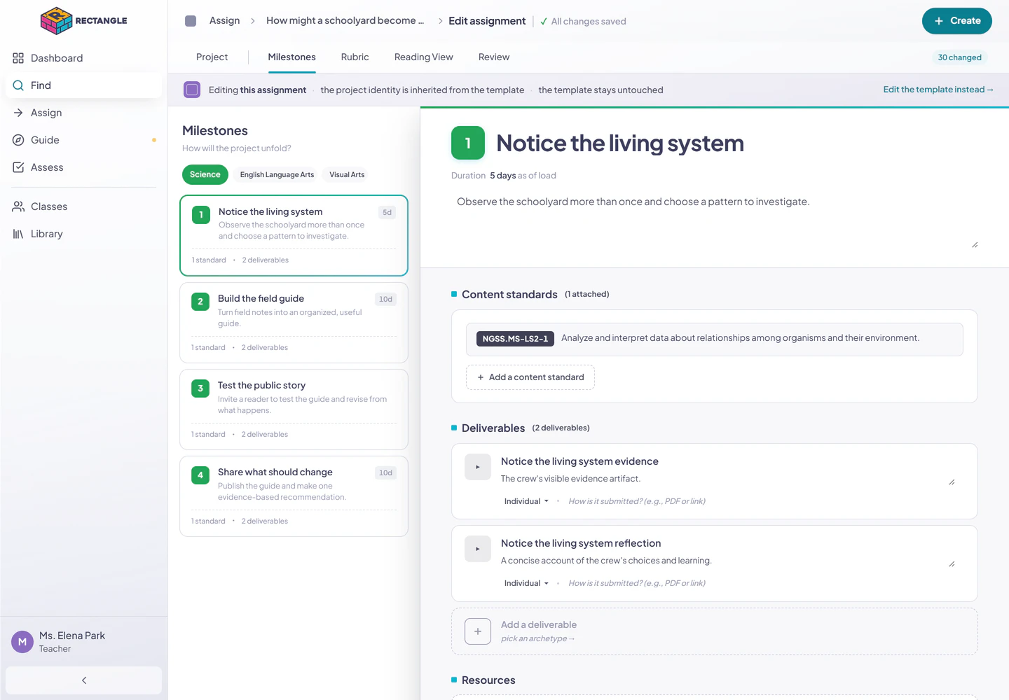 Assignment authoring open to one milestone, with editable title, description, standards, and deliverables beside a read-only duration.