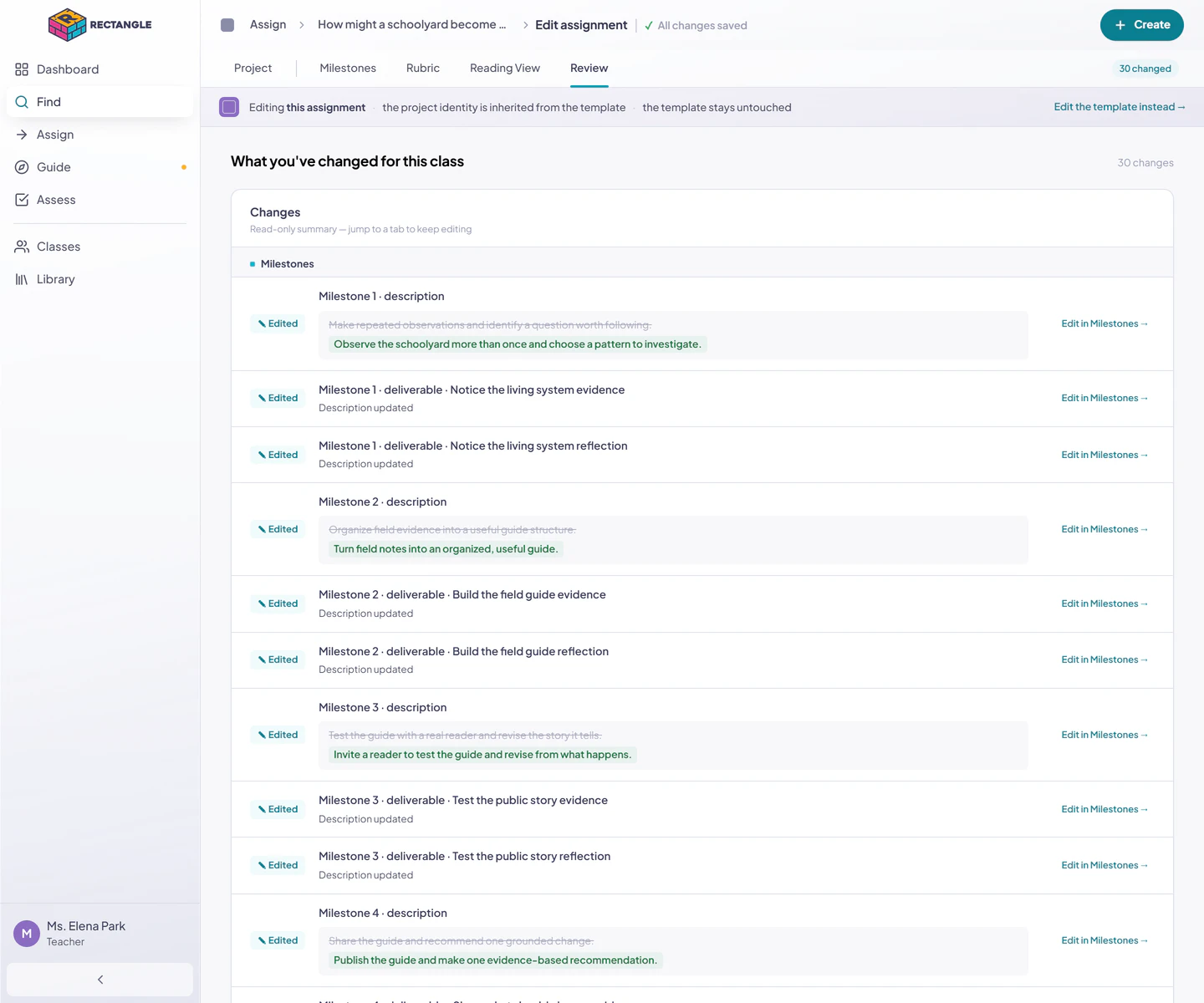 Review tab comparing the assignment copy with its template and linking each changed milestone back to its editor.
