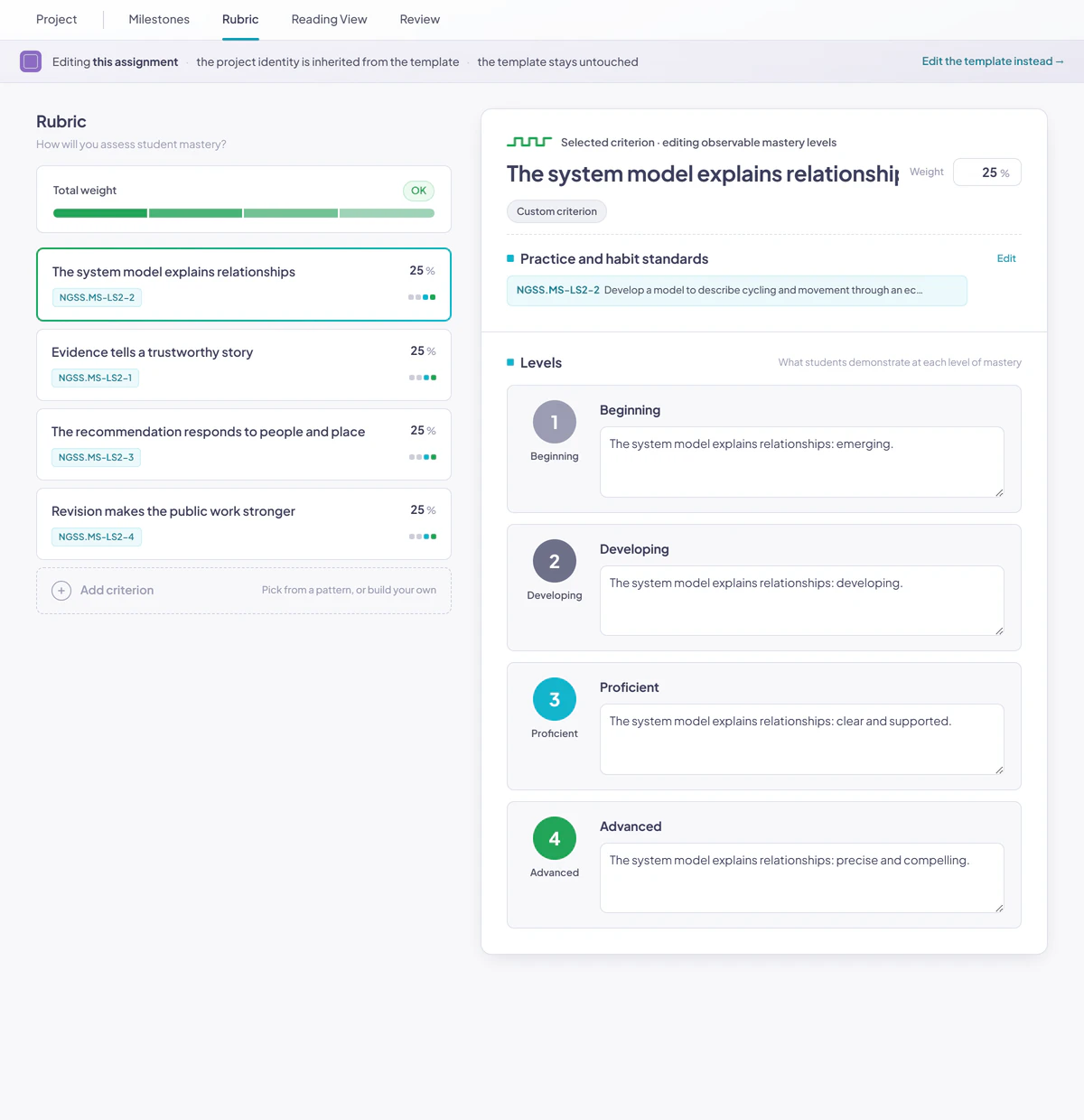 Assignment rubric editor with a selected criterion, editable weight and mastery levels, attached practice standard, and Add criterion control.