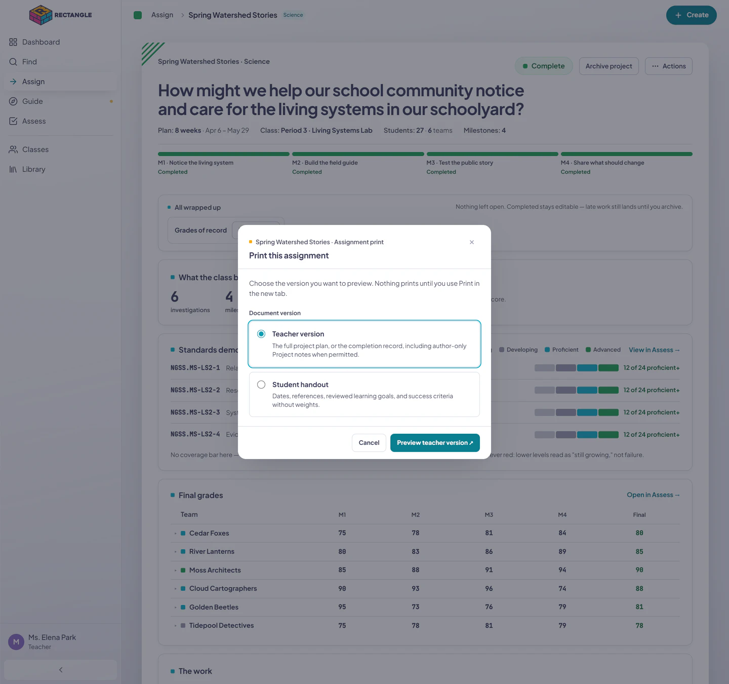 The assignment print chooser with Teacher version and Student handout document choices and a new-tab preview action.