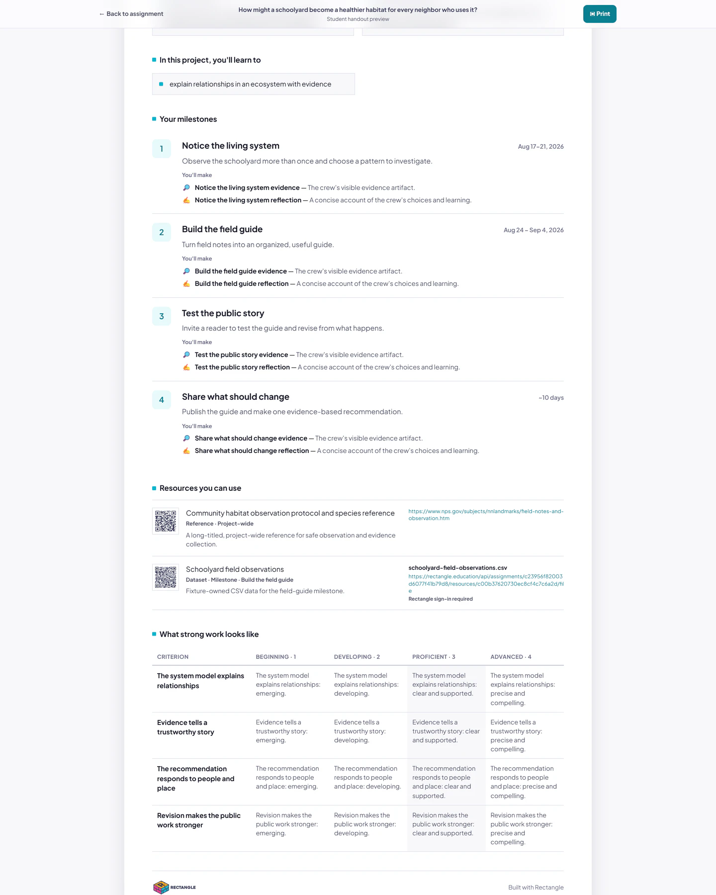 The Student handout print preview at its resources section, showing project-wide and milestone-scoped student-safe references.
