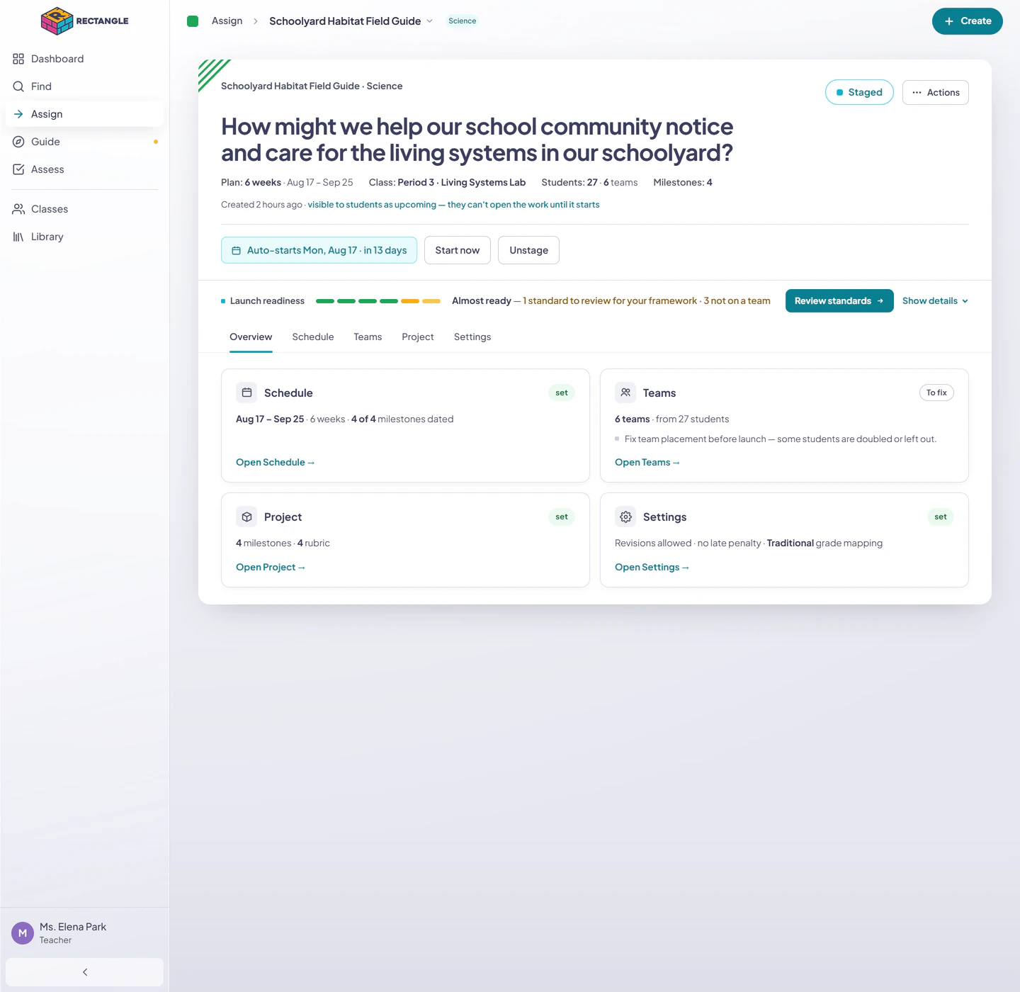 A Staged assignment overview with upcoming student visibility, automatic start timing, Start now, and Unstage controls.