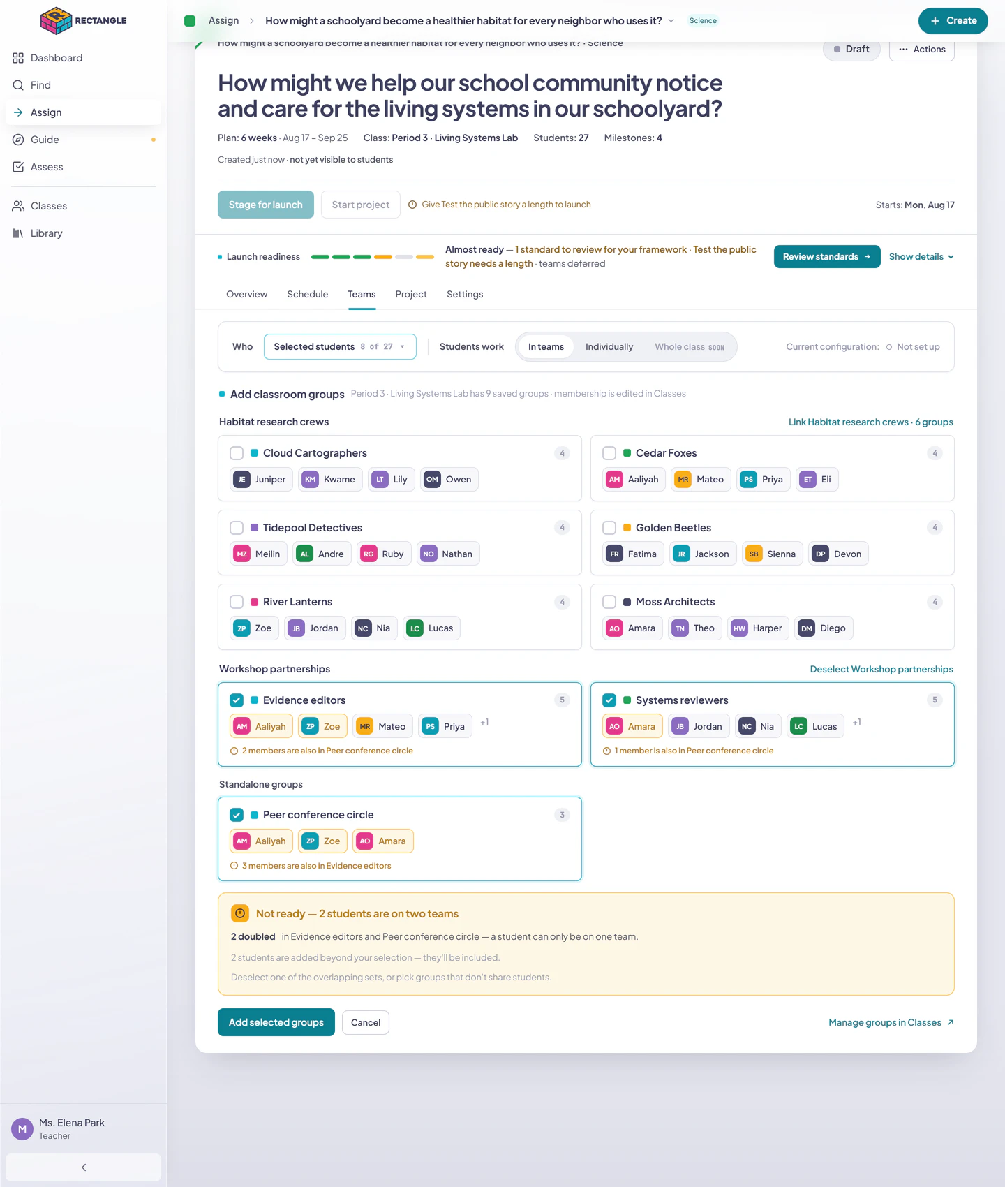 The classroom-group picker in a Draft assignment with a reusable set and overlapping standalone group selected, showing doubled students, extra students outside Who, and a disabled Add selected groups action.
