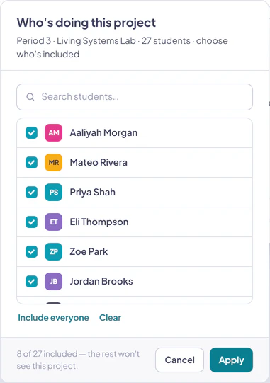 The Who picker for Period 3 Living Systems Lab showing an eight-student selection, roster search, Include everyone, Clear, Cancel, and Apply controls.