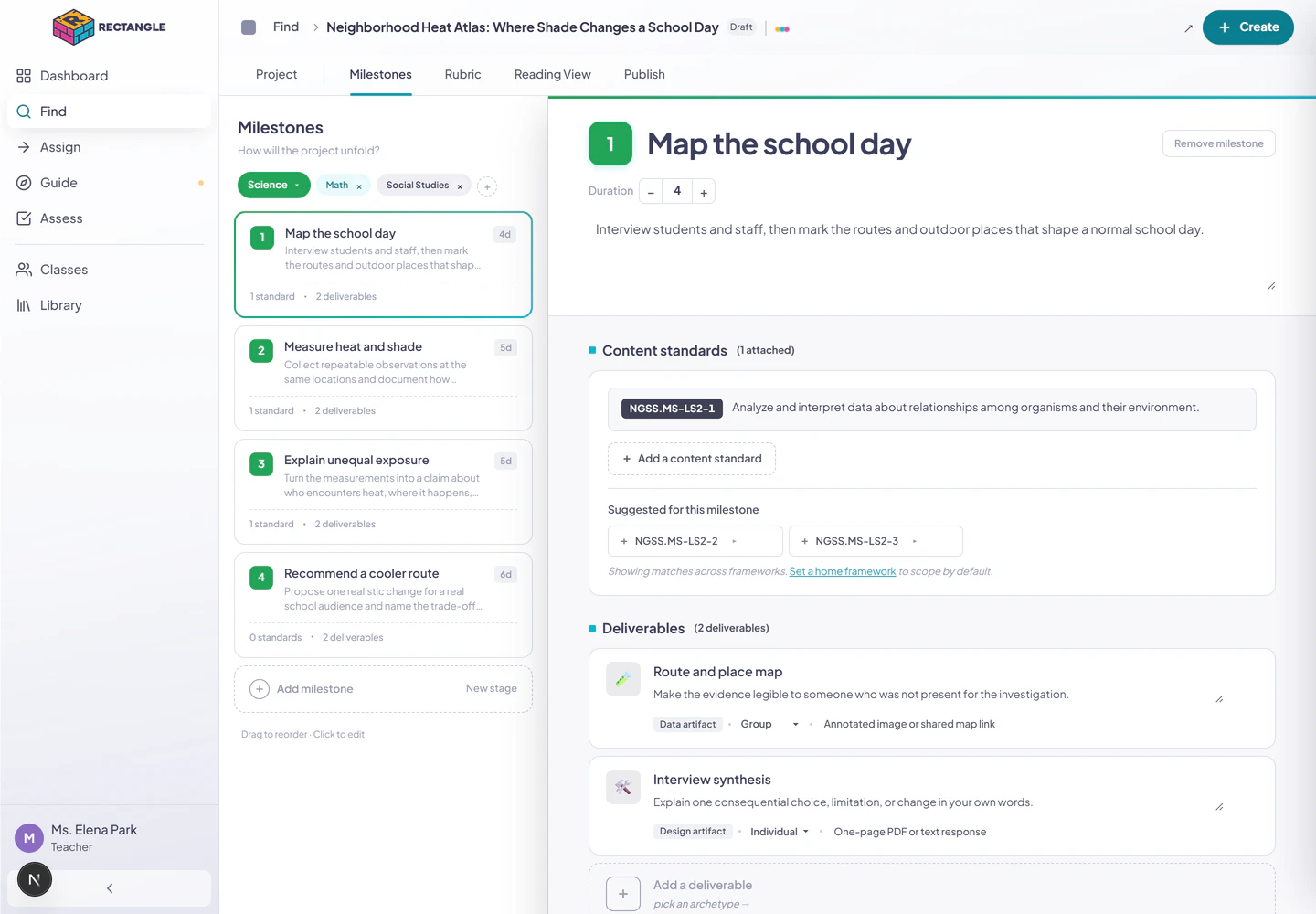 The Milestones tab with four ordered stages, one selected editor, an attached content standard, deterministic suggestions, and editable deliverables.