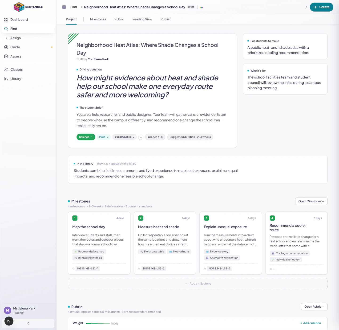 A complete project open in Rectangle Authoring's Project tab, with the five-tab builder, project anchors, audience-facing summaries, milestone overview, and rubric overview visible.