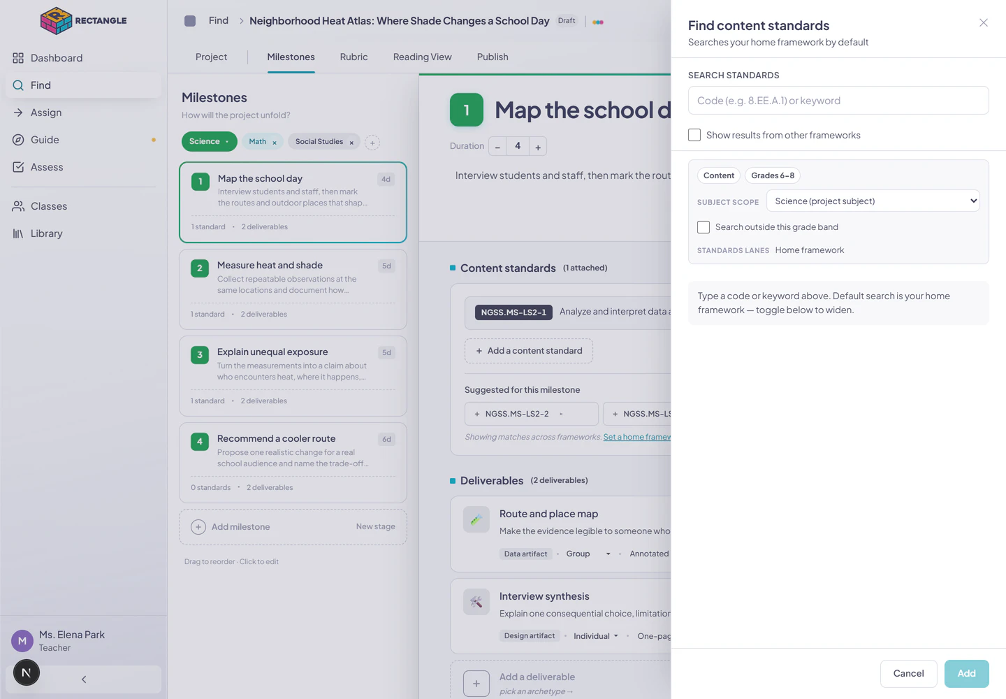 The content-standard search flyout over a selected milestone, with home-framework, subject, grade-band, and cross-framework search controls.