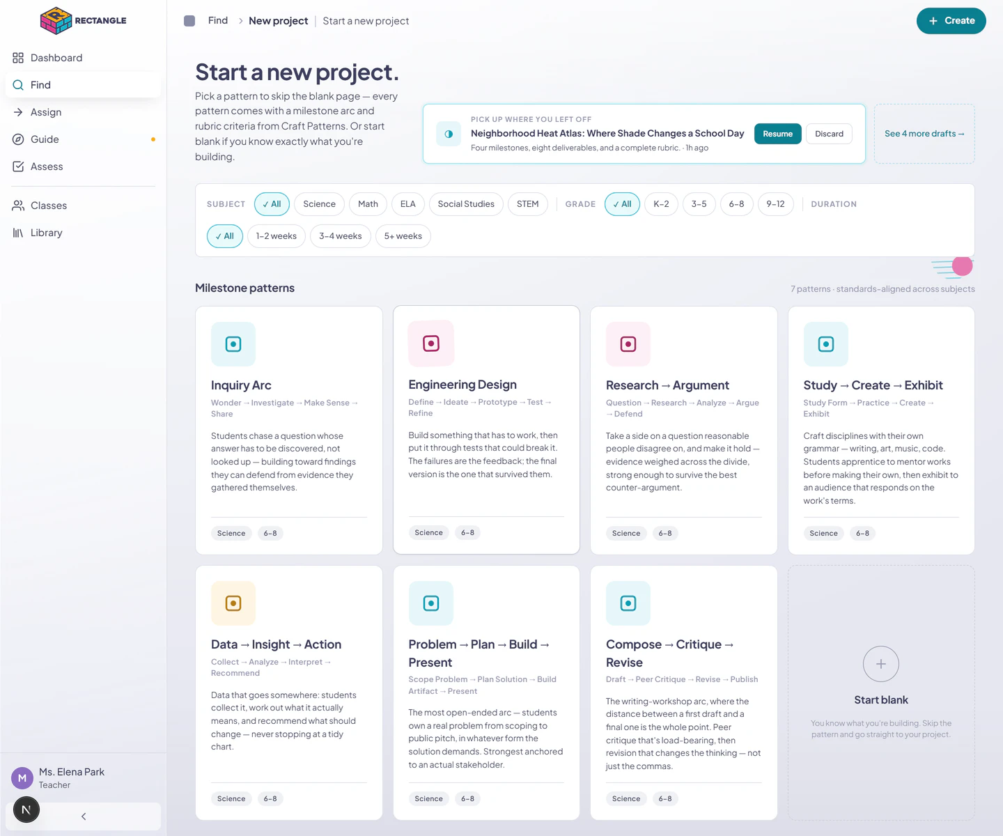 Rectangle's Create page with the full product shell, a recent draft, pattern filters and cards, the blank-project tile, and other starting paths.