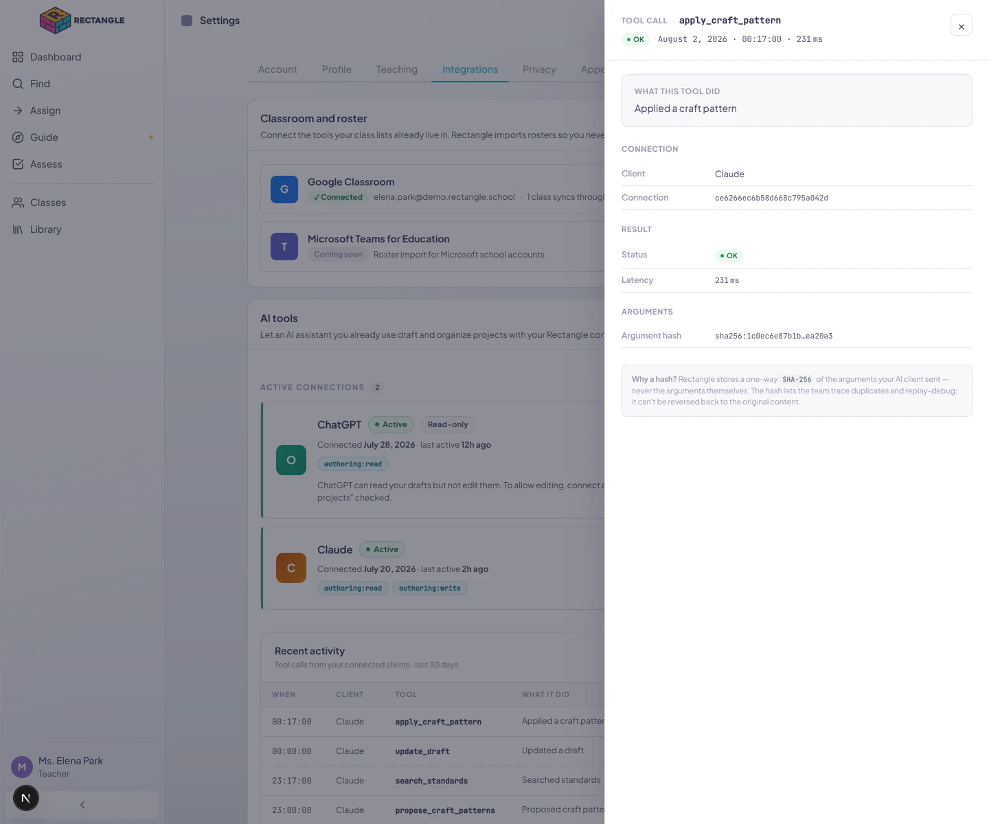 An AI activity detail panel over Settings, identifying the client, tool, plain-language outcome, status, latency, and one-way argument hash without storing prompt contents.