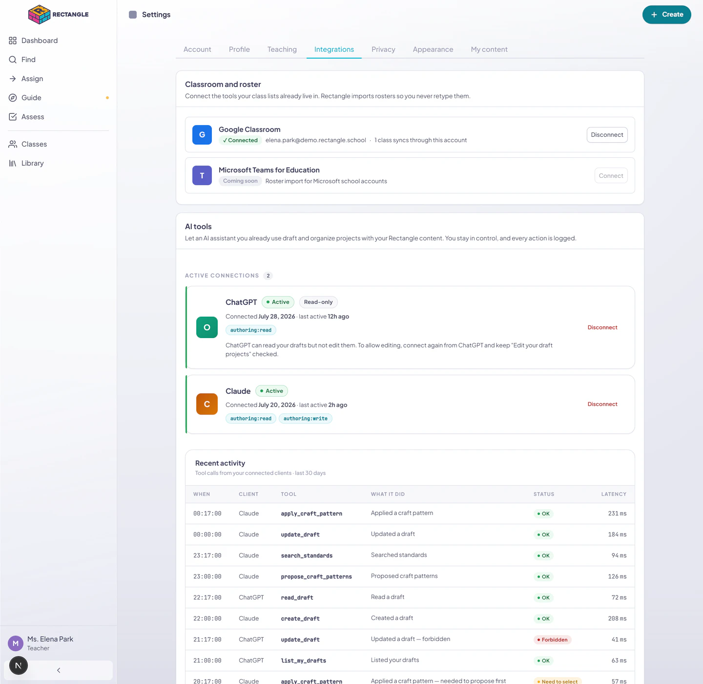 Settings Integrations with a read-only ChatGPT connection, a read-write Claude connection, and a recent AI tool-call table containing successful and blocked outcomes.