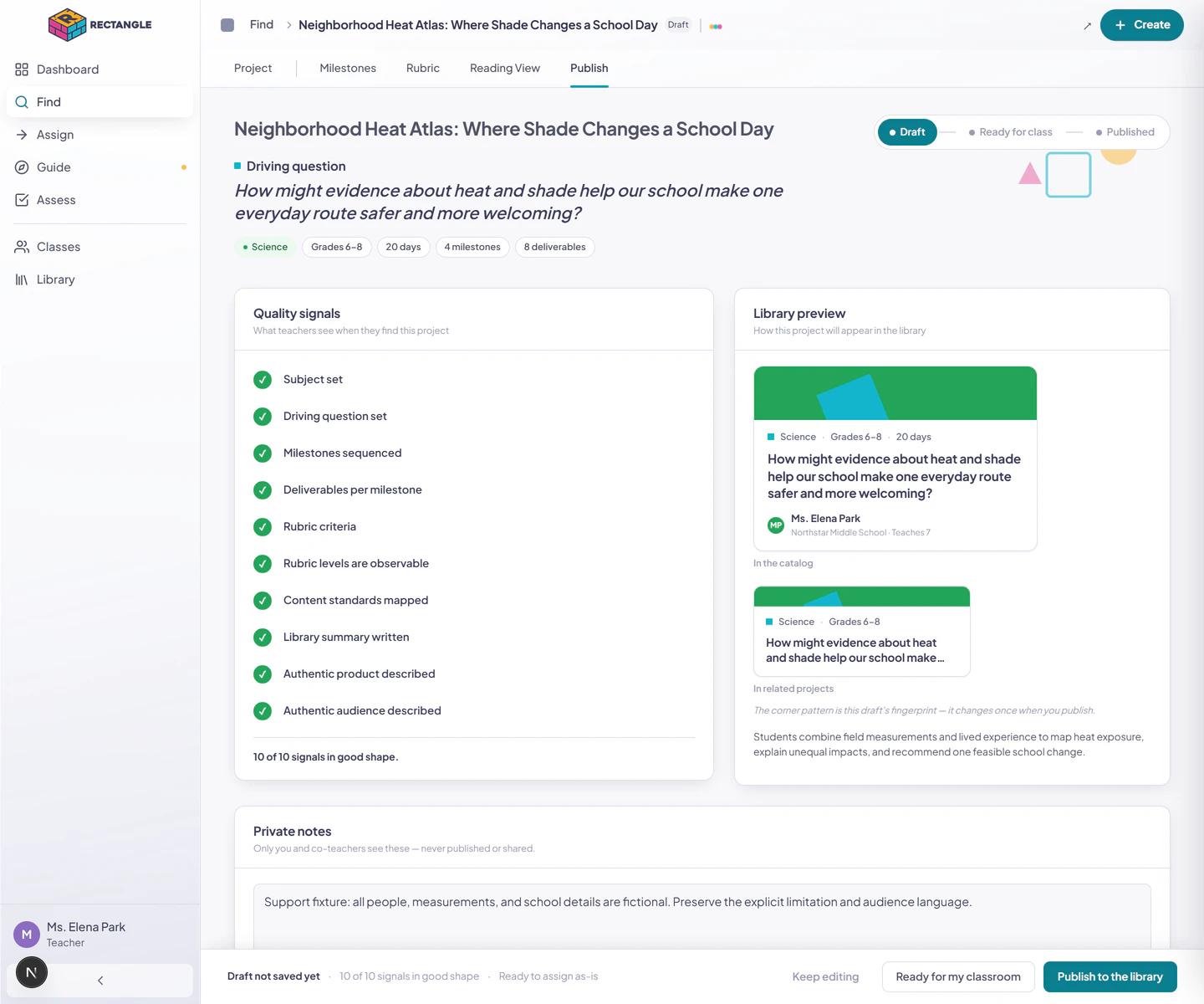 The Publish tab for a complete Draft, showing all ten quality signals, the library preview, and separate Ready-for-class and Publish-to-library actions.
