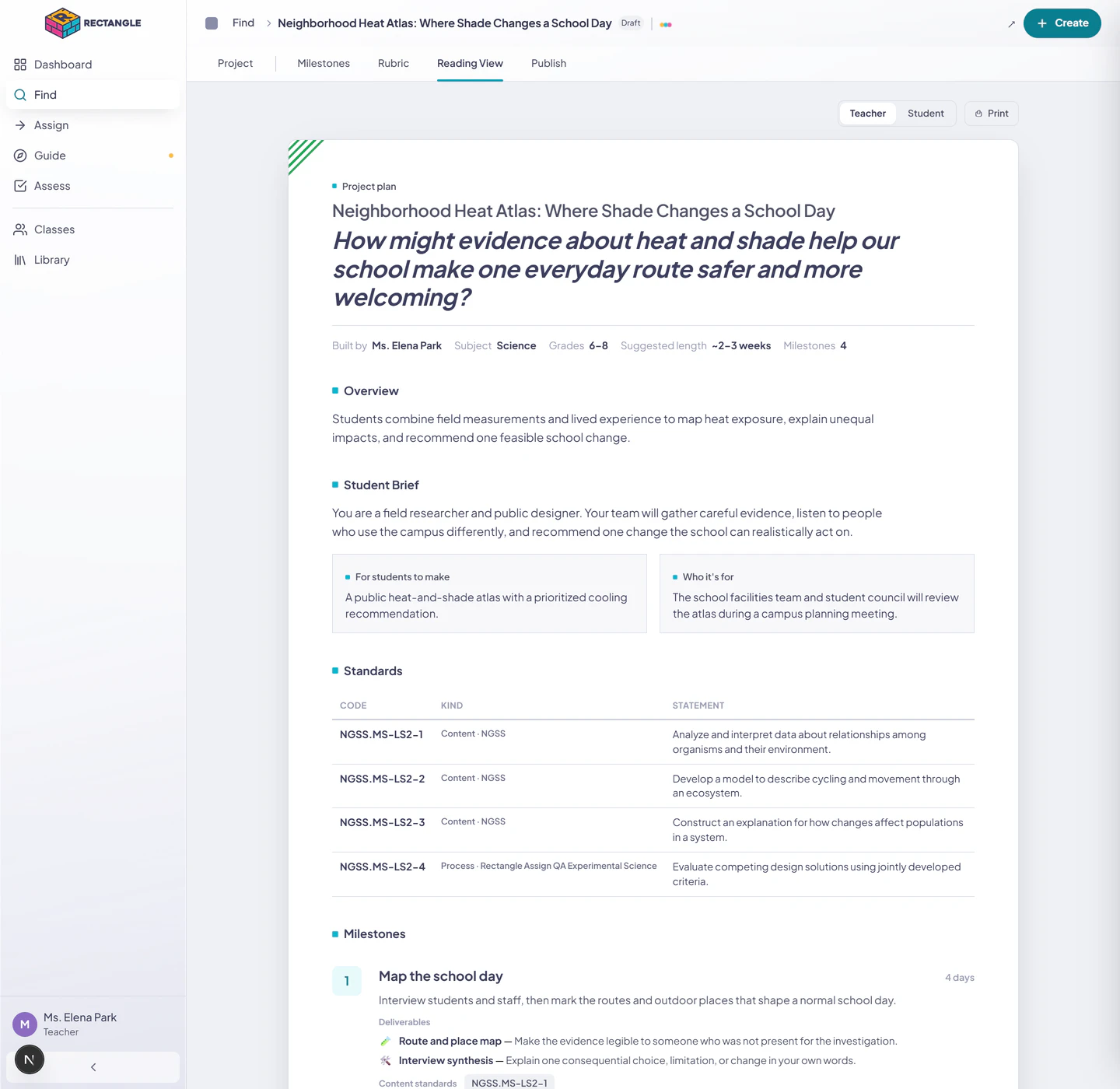 Teacher Reading View for a complete project, with audience toggle, Print, project overview, standards, milestones, and rubric in one document.