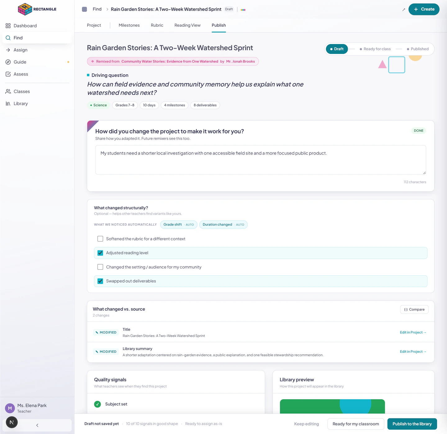 A cross-teacher remix in Publish view with source attribution, required adaptation rationale, automatic change tags, teacher-selected tags, and Compare.