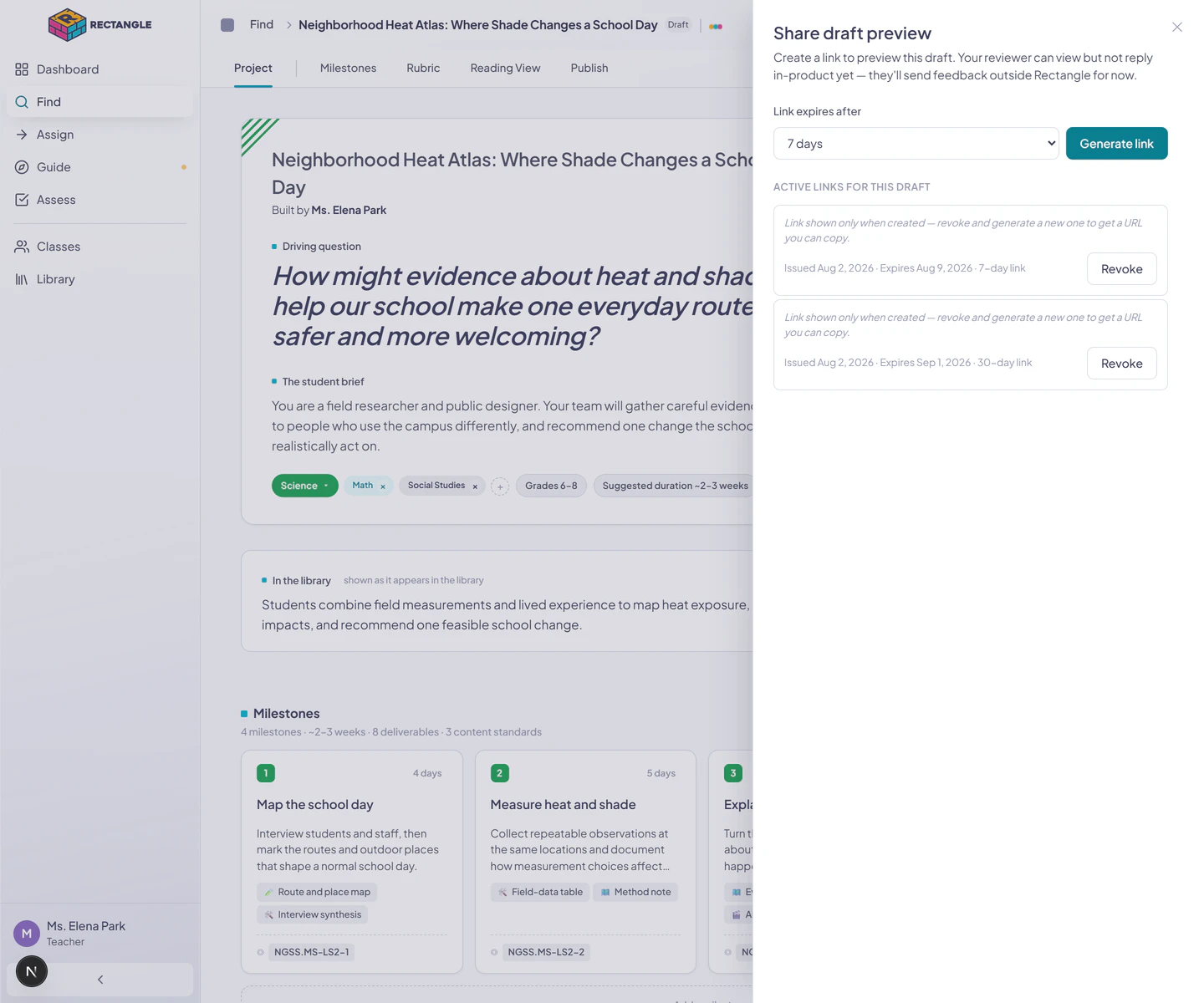 The Share draft preview panel over a complete project, with expiry choices and two independently revocable active links.