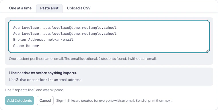 The Paste a list mode showing valid student rows, a collapsed duplicate, and an invalid email that must be fixed before import.
