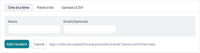 The Add students panel with tabs for adding one student, pasting a list, or uploading a CSV.