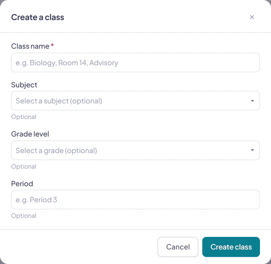 The Create a class dialog with a required class name and optional subject, grade level, and period fields.