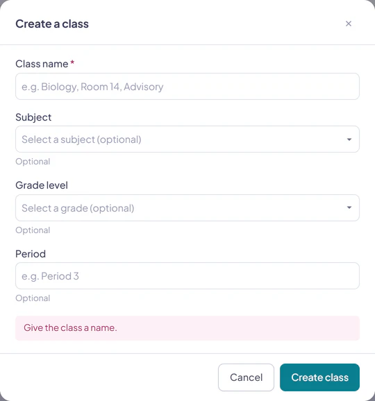 The Create a class dialog kept open with a message asking the teacher to give the class a name.