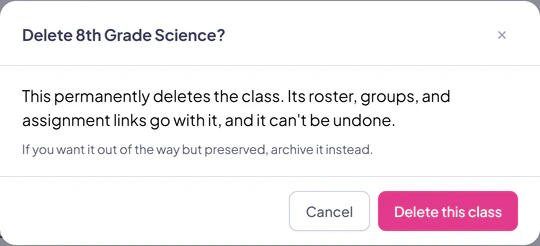 The named Delete 8th Grade Science confirmation explaining what is removed and recommending archive as the reversible alternative.