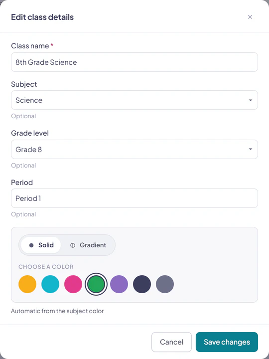 The Edit class details dialog with identity fields and the class color picker visible.