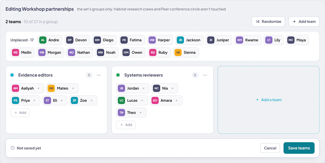 The Workshop partnerships group-set builder with an Unplaced tray, two populated groups, Randomize, Add team, and Save teams controls.