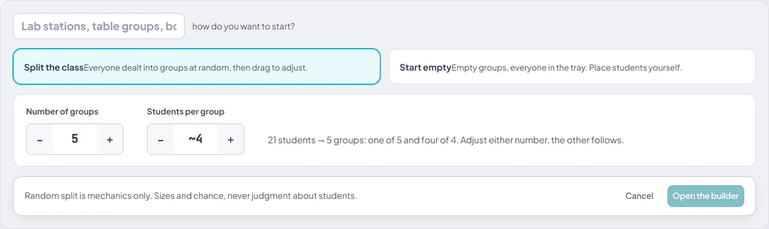 The new group-set flow with choices to split the class or start empty and linked controls for group count and approximate size.