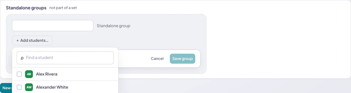 A new standalone group with its Add students picker open over the active class roster.