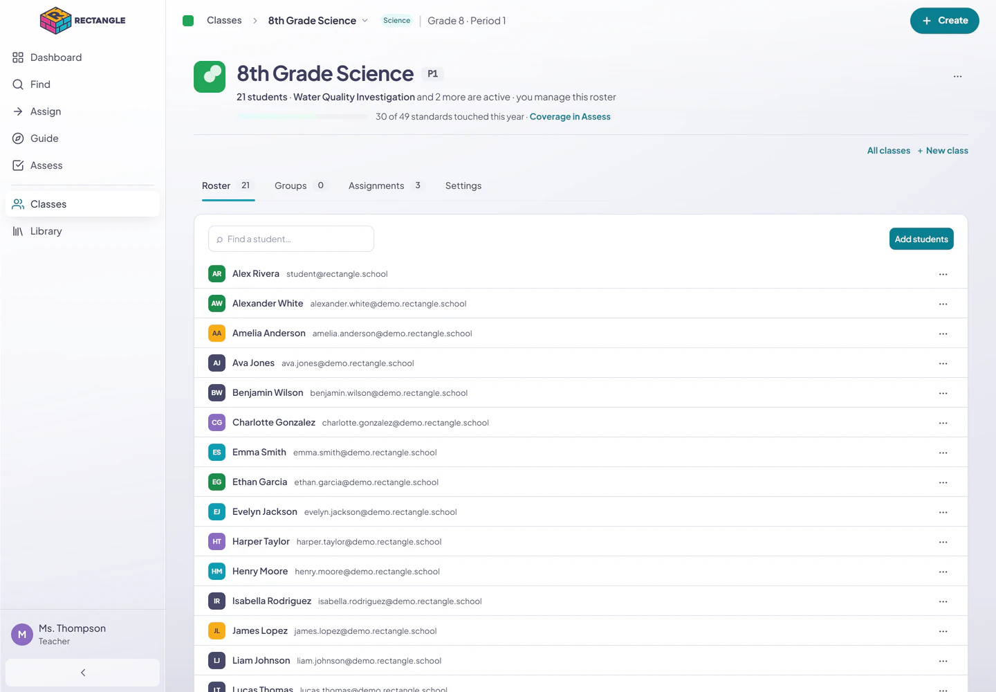An open class home with its Roster, Groups, Assignments, and Settings tabs and the Add students action visible.